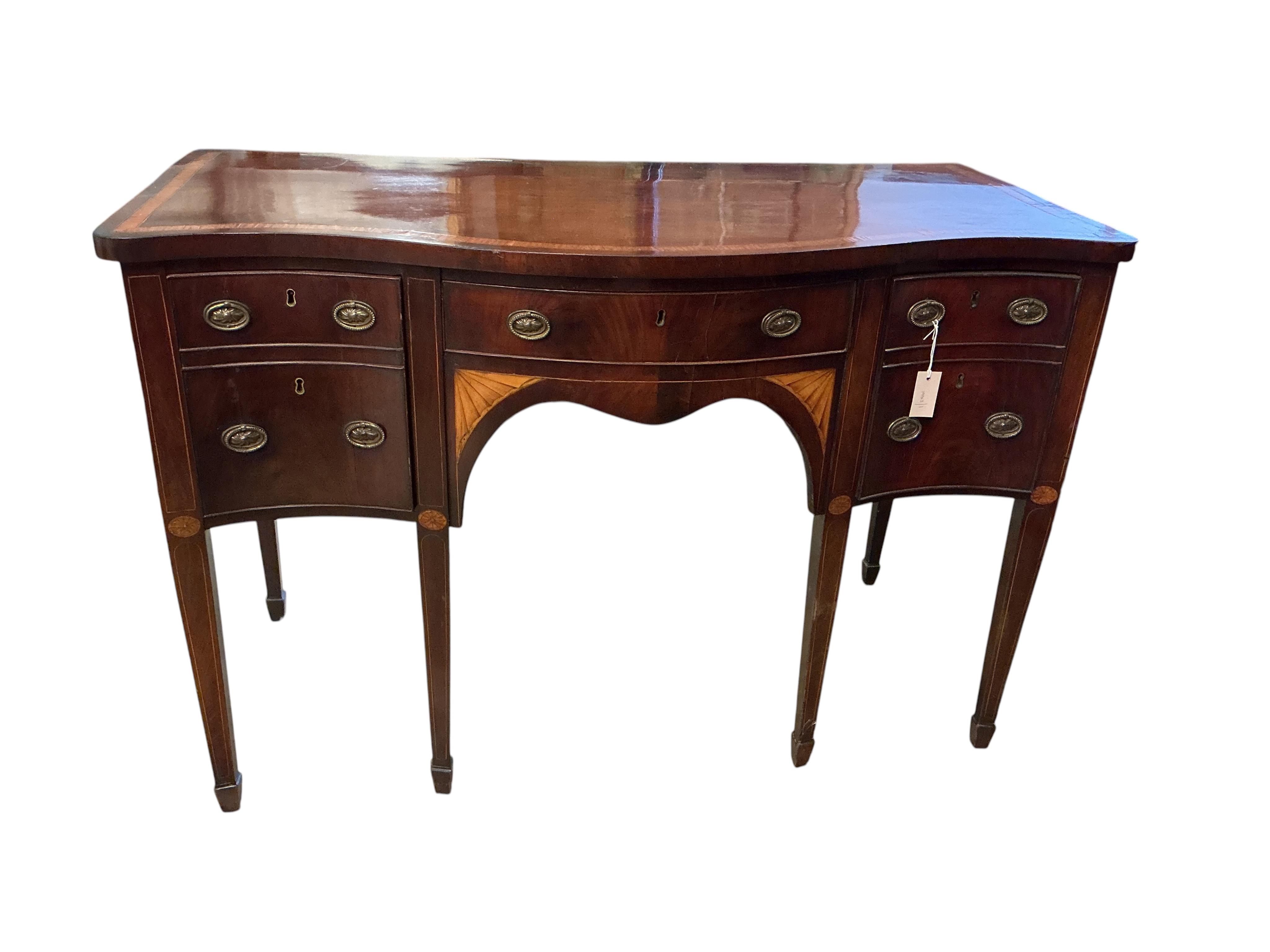 A George III satinwood banded mahogany serpentine sideboard, width 138cm, depth 69cm, height 92cm